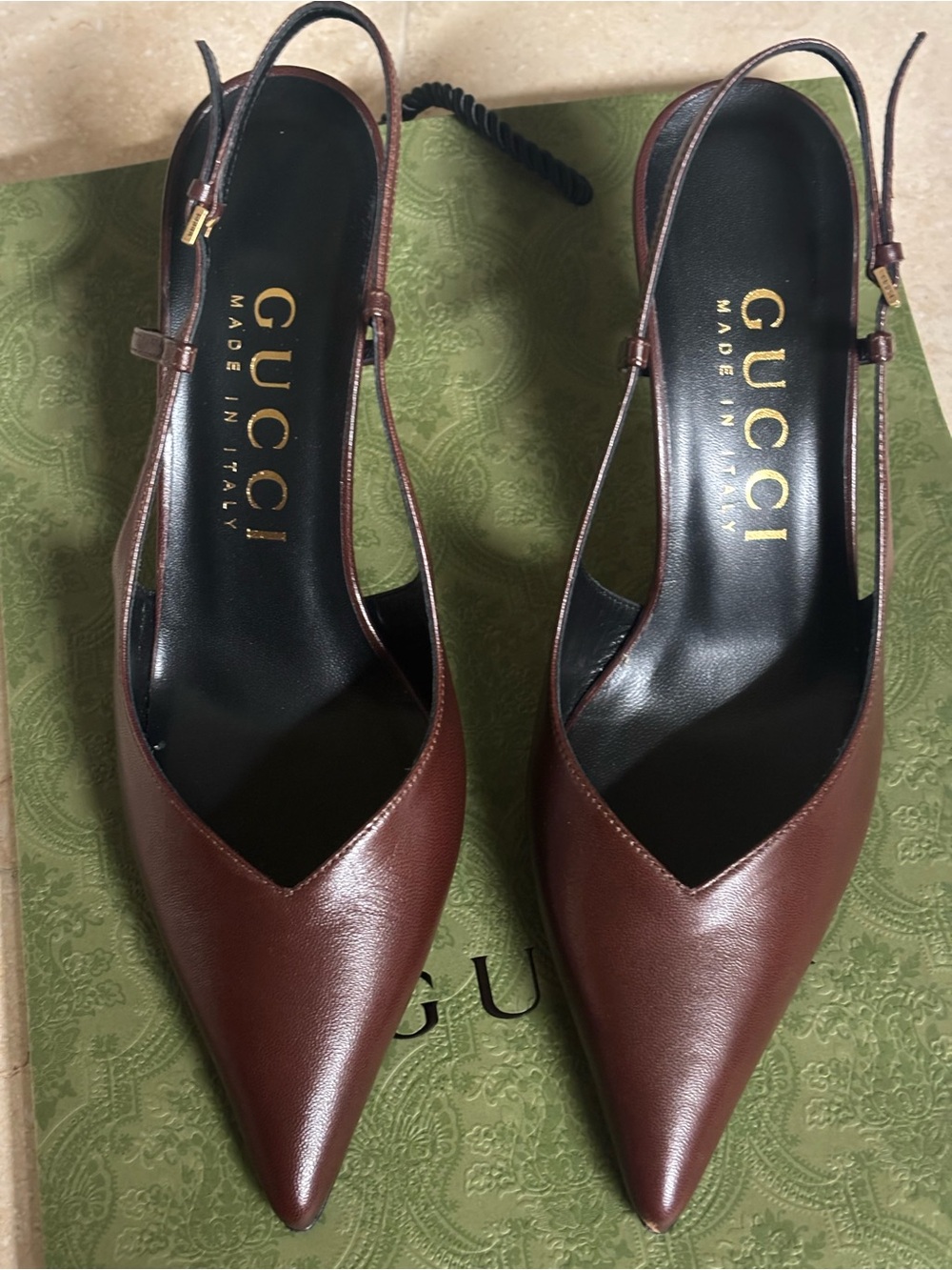Gucci Brown Leather Pointed Slingback Pumps with Gold Stiletto - Picture 2 of 6